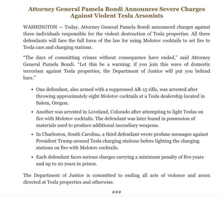 AG Pam Bondi Labels Tesla Arsonists as Domestic Terrorists!