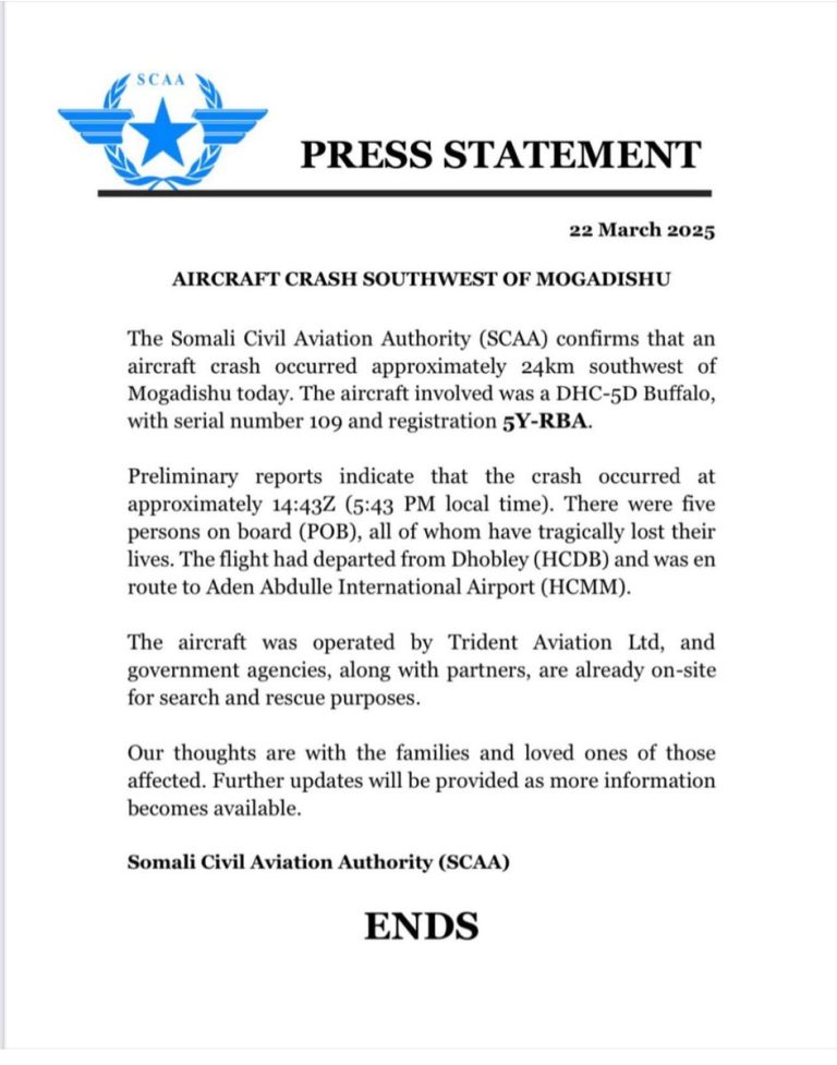 BREAKING: All 5 on Kenya Cargo Plane Near Mogadishu Perish!