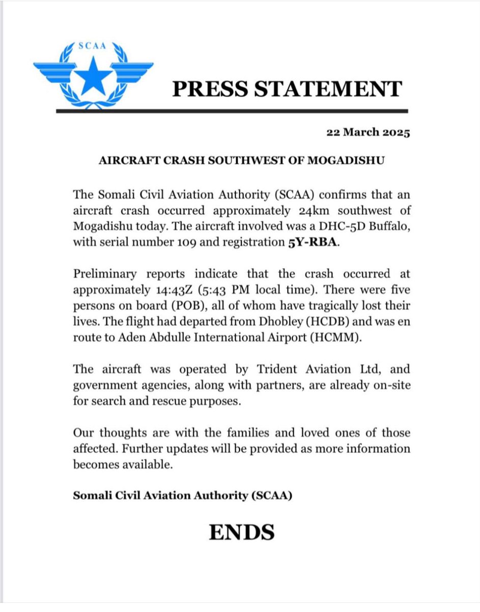 BREAKING: All 5 on Kenya Cargo Plane Near Mogadishu Perish!