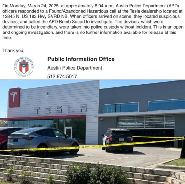 BREAKING: Incendiary Devices Found at Tesla Dealership in Austin!  
When Will Democrats Condemn This Terrorism Against Tesla?