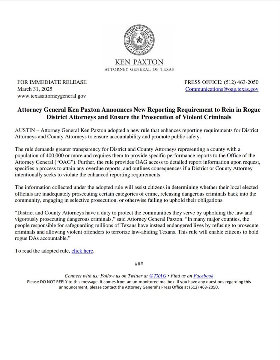 BREAKING: Paxton's New Rule Sparks Outrage Among DA's Nationwide!