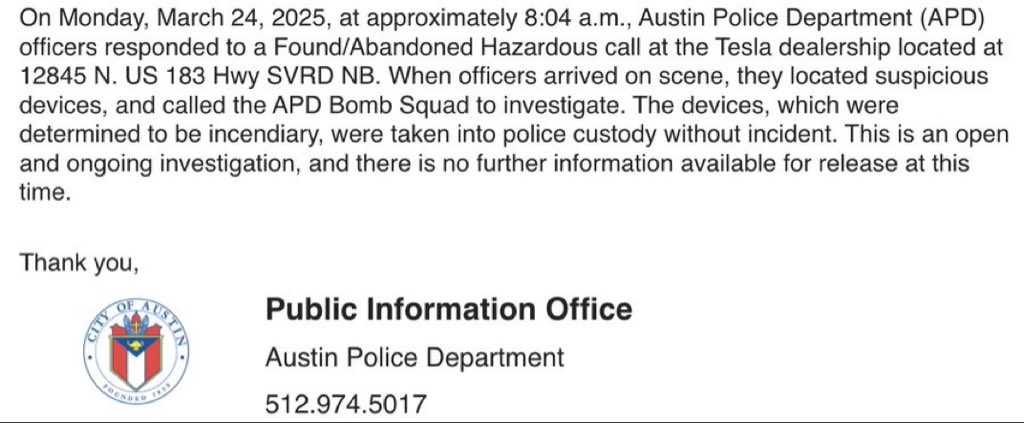 BREAKING: Police Discover Incendiary Devices at Tesla Showroom!