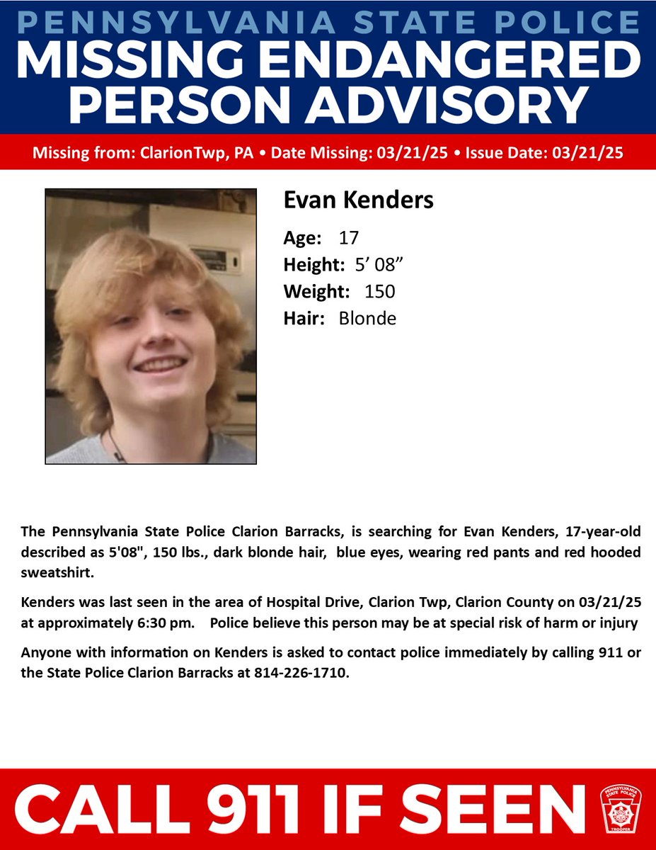 BREAKING: Search for Missing Person Evan Kenders in Clarion!