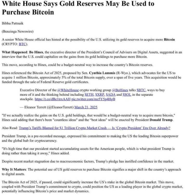BREAKING: White House to Use Gold Reserves for Bitcoin Buy!