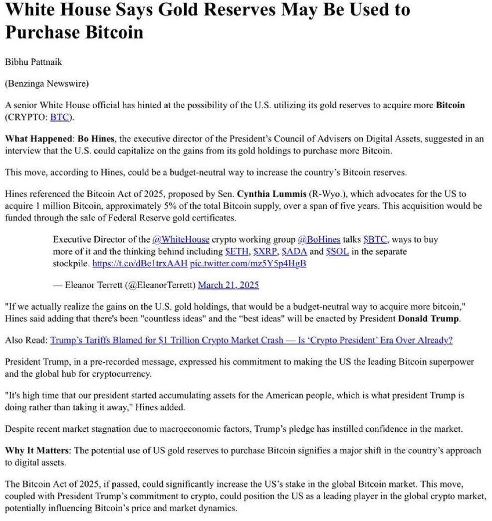 BREAKING: White House to Use Gold Reserves for Bitcoin Buy!