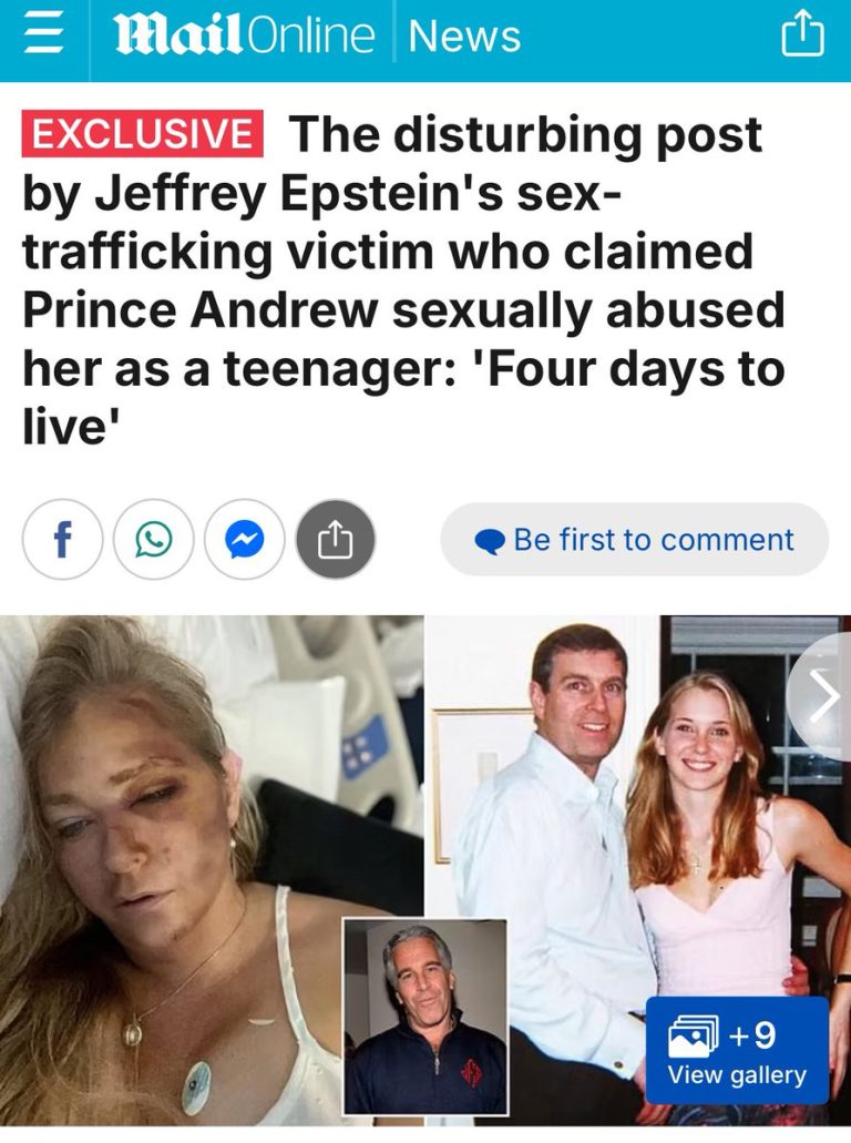 Epstein Victim Virginia Roberts Claims She Has 'Four Days to Live'  
Shocking Hospital Image Reveals Bruises After Car Crash