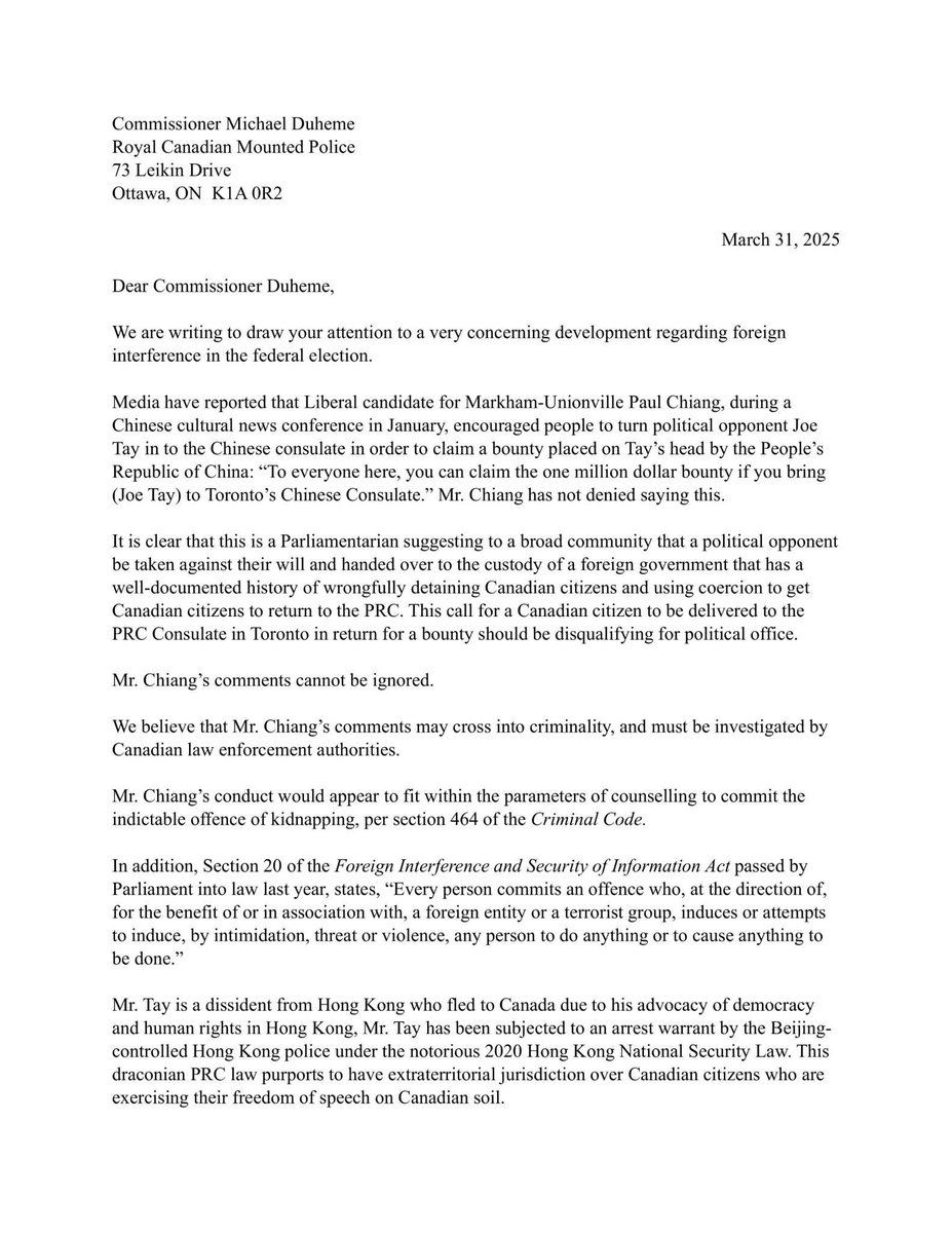 Hong Kong Watch Urges RCMP to Probe MP Paul Chiang's Shocking Remarks