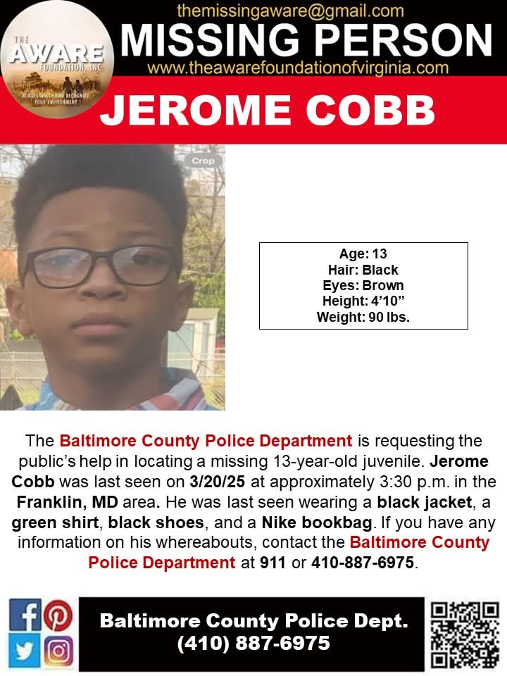 MISSING: 13-Year-Old Jerome Cobb Disappears in Franklin, MD!