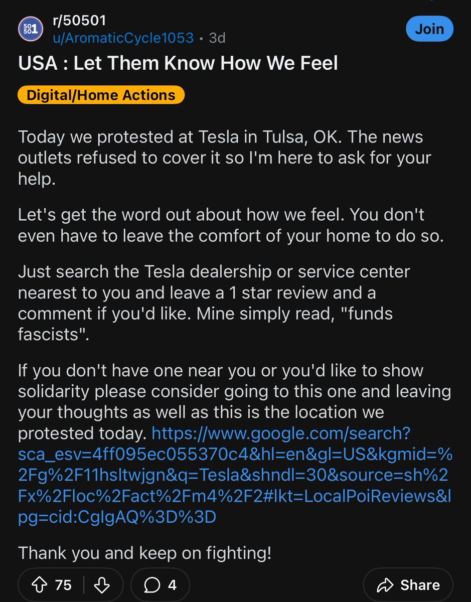 Reddit Activists Demand Weekly Protests Against Elon Musk!  
Calls to Leave 1-Star Reviews at Tesla: "Funds Fascism!"