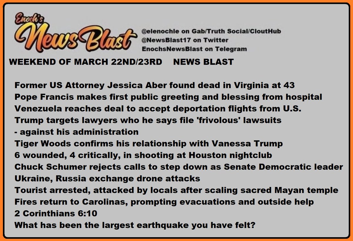 Shock: Ex-US Attorney Jessica Aber Dead at 43; Nation Stunned  
Pope Francis Blesses Public from Hospital: Health Crisis Deepens  
Venezuela Agrees to U.S. Deportation Flights: Controversy Erupts  
Trump Attacks Lawyers in Explosive Rant: Legal Fallout Looms
