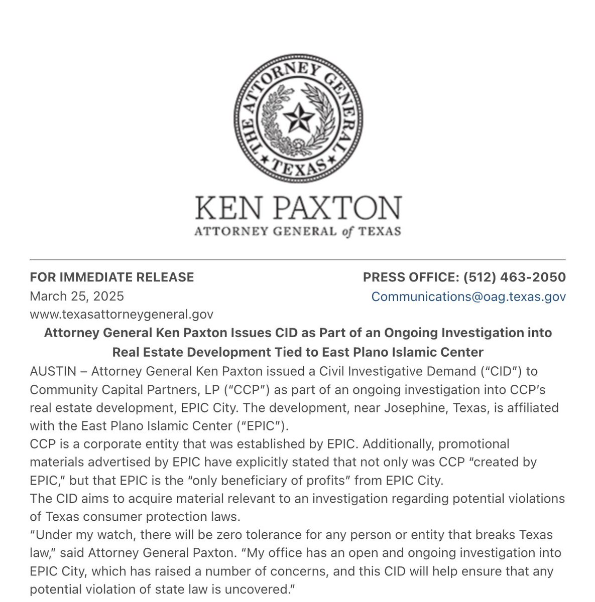 Texas AG Paxton Targets Islamic Center's Real Estate Deal!