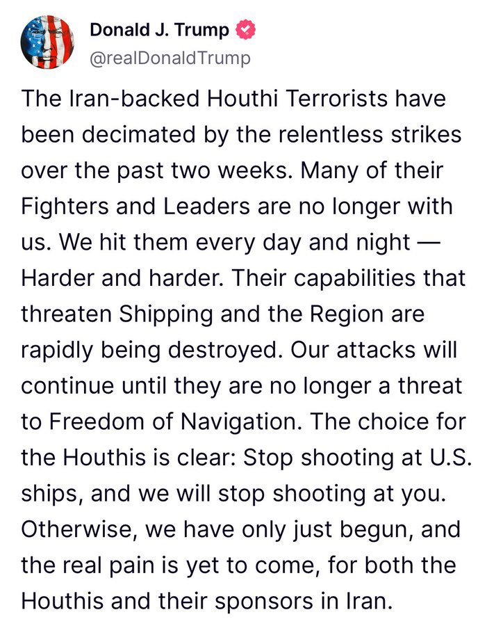 Trump's Threat: U.S. Attacks Will Persist Until Houthis Defeated