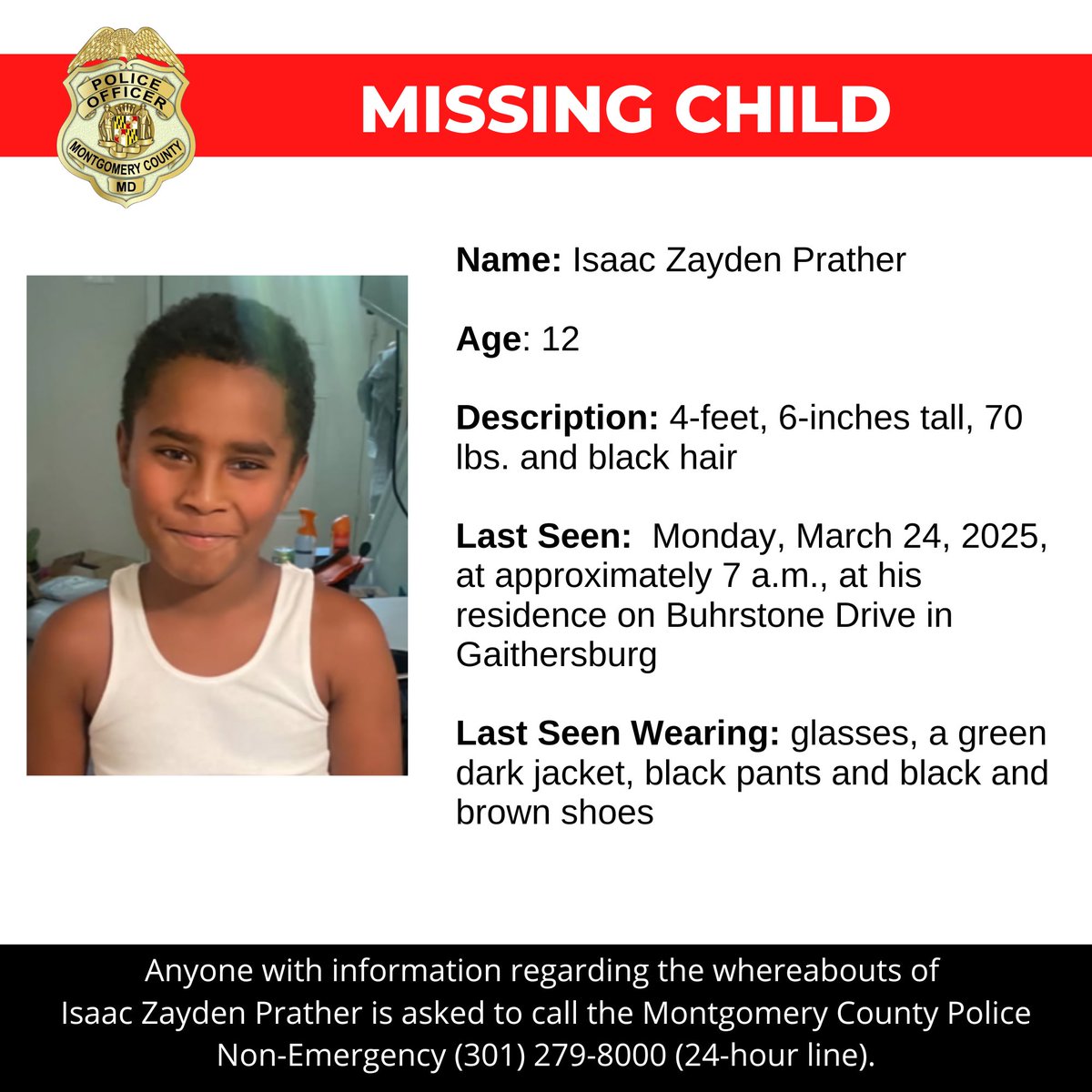 Urgent: 12-Year-Old Gaithersburg Boy Goes Missing, Police Seek Help!