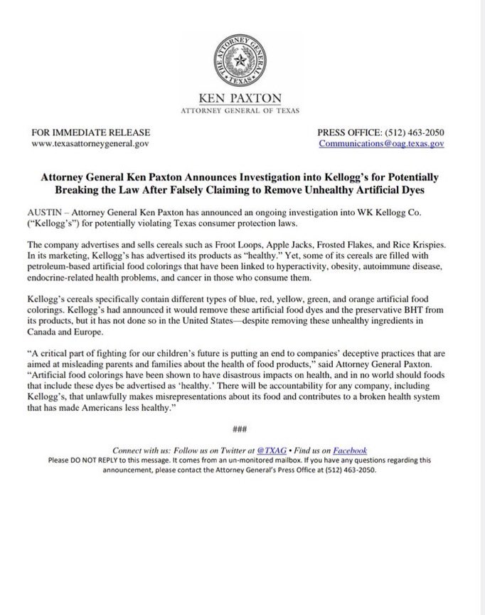 BREAKING: Texas AG Probes Kellogg’s for Deceptive Food Dye Claims!