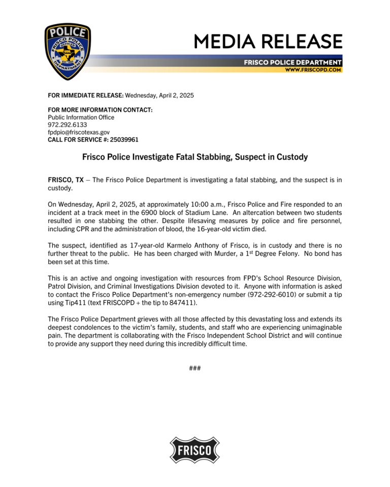 Frisco Police Confirm Fatal Stabbing: Suspect in Custody!