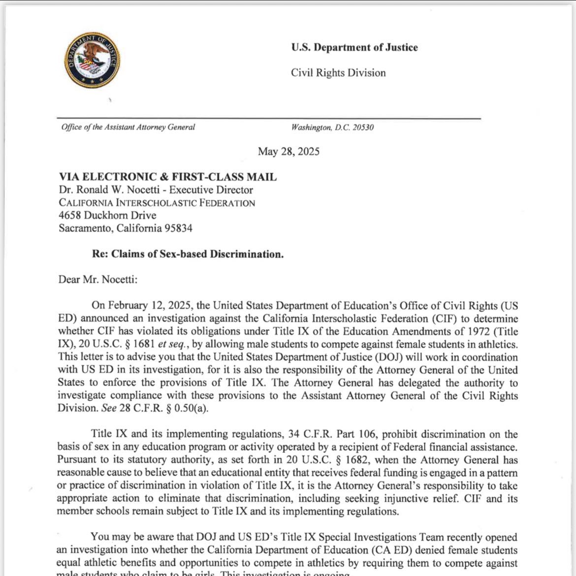 🚨BREAKING: DOJ Investigates CA Schools Over Trans Athletes!