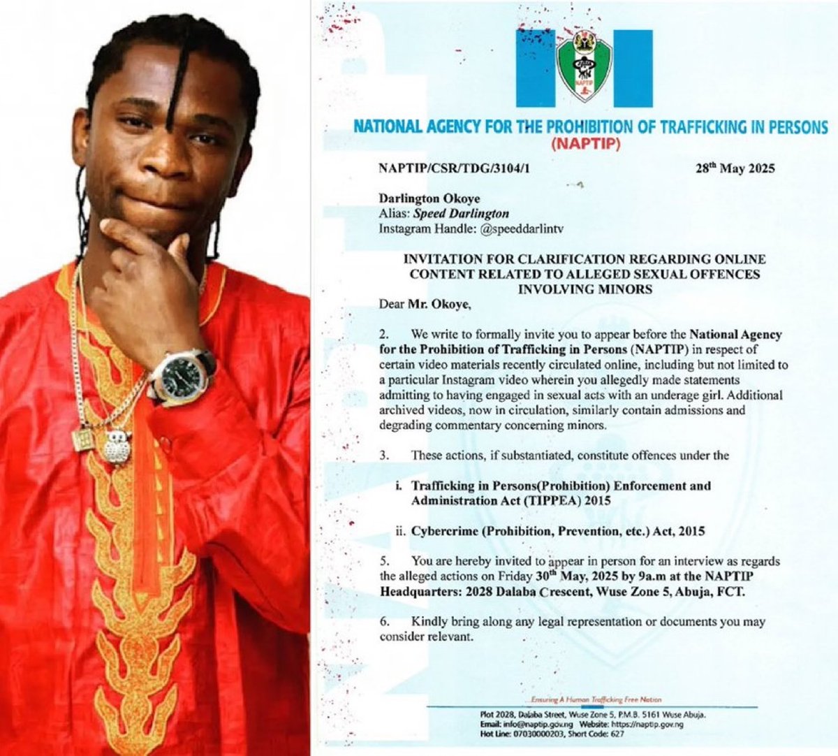 BREAKING: NAPTIP Summons Speed Darlington Over Shocking Confession