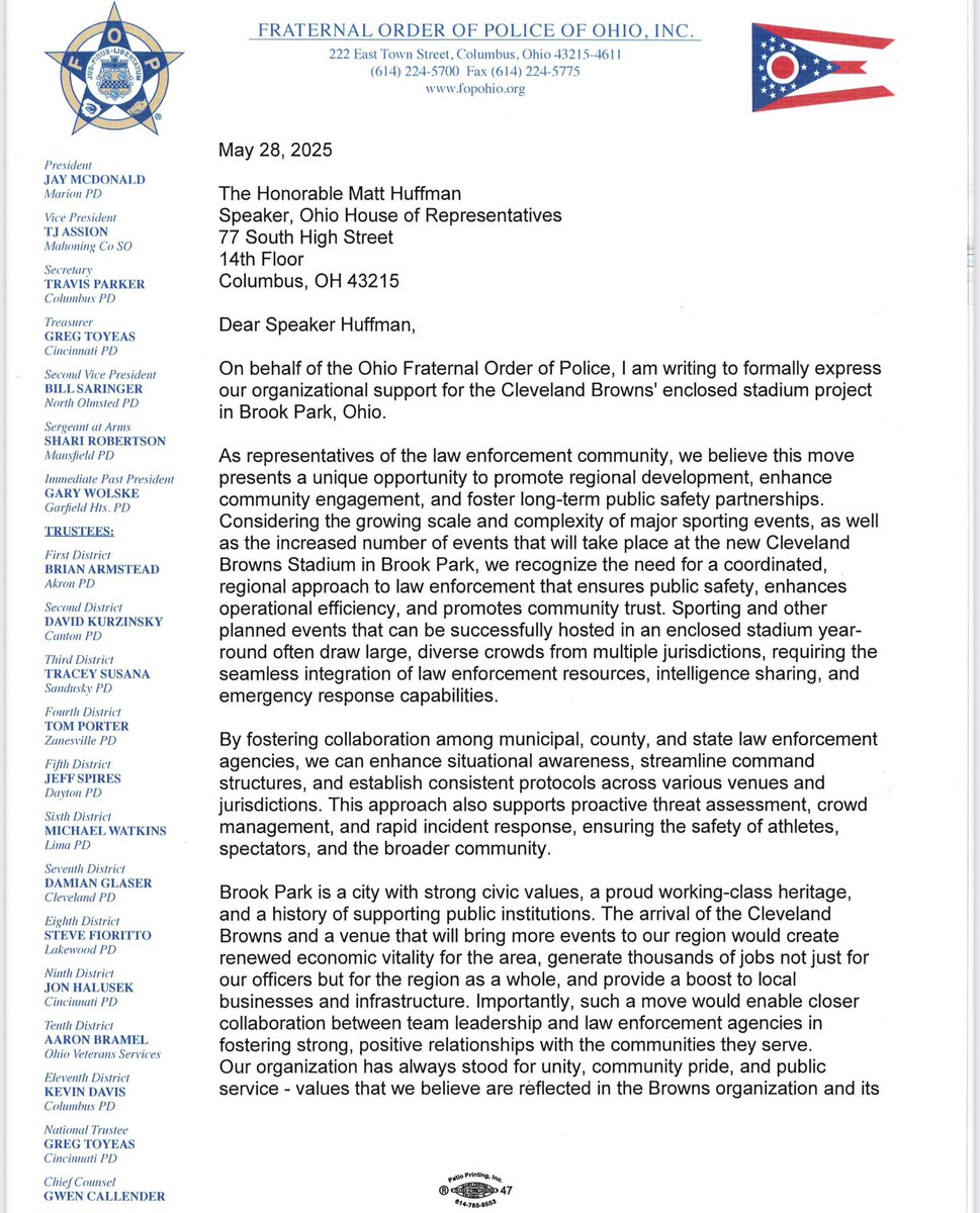 Fraternal Order of Police of Ohio Backs Controversial Browns Plan!