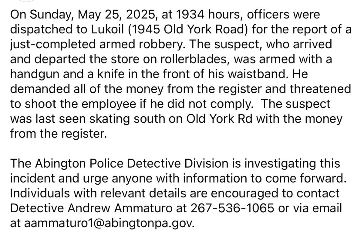 Rollerblading Bandit Strikes Abington: Shocking Sunday Heist!