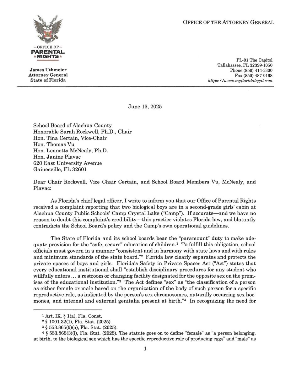 AG Uthmeier Demands Alachua Schools Reverse Camp Gender Policy!