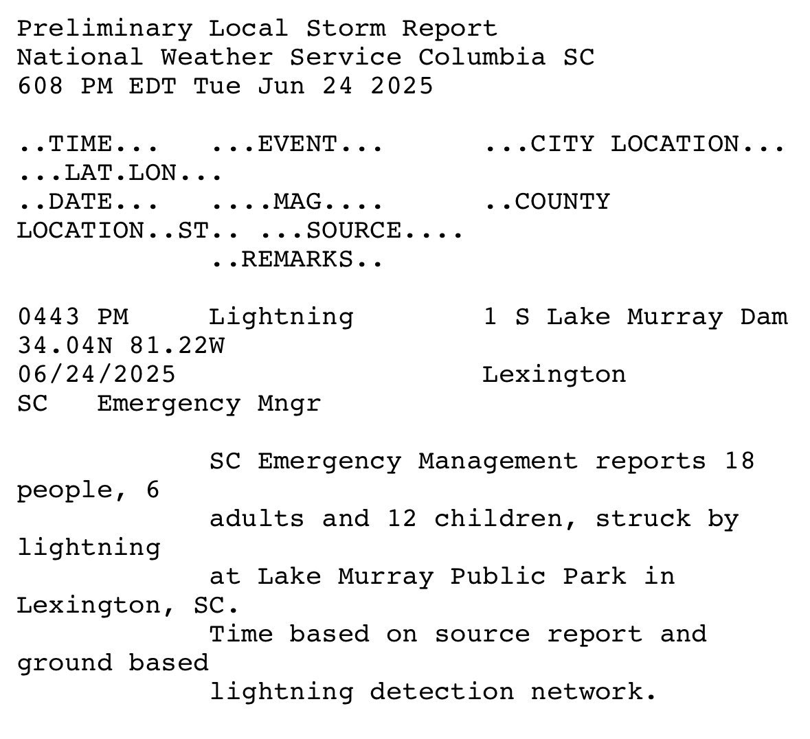 BREAKING: Lightning Strike at Lake Murray Hospitalizes 18!