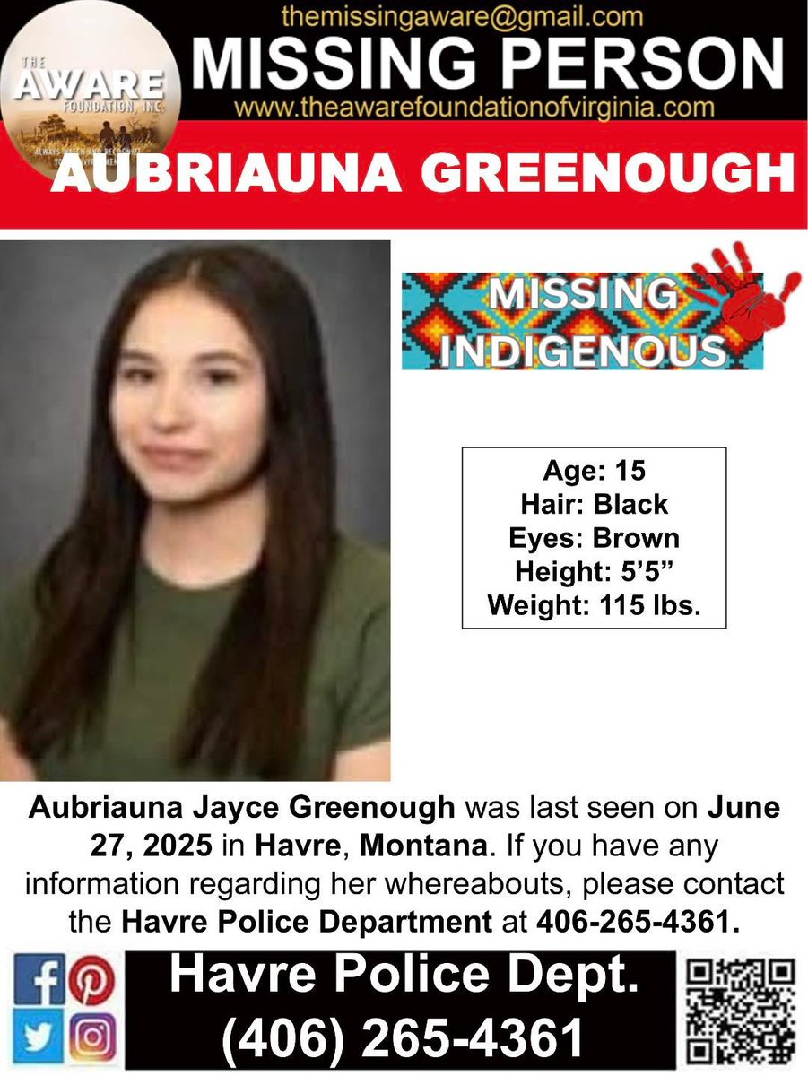 BREAKING: MISSING JUVENILE Aubriauna Greenough Disappears in Montana!  

TheAWAREFoundationInc  
Missing  
MissinginMT  
MissinginMontana
