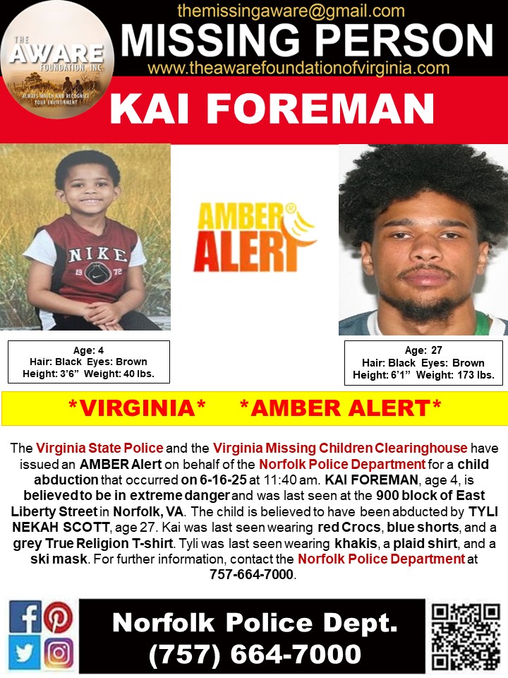 BREAKING: Norfolk AMBER Alert - 4-Year-Old Kai Foreman Missing!