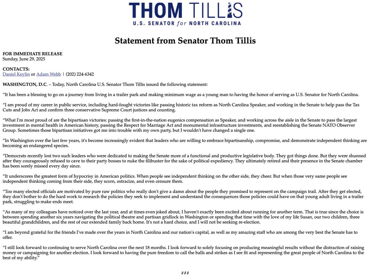 BREAKING: Sen. TILLIS Shocks Nation by Not Seeking Reelection!