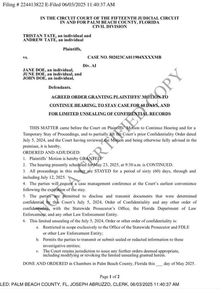 BREAKING: Tates' Case STAYED; Sealed Docs Unleashed Amid Criminal Probe!