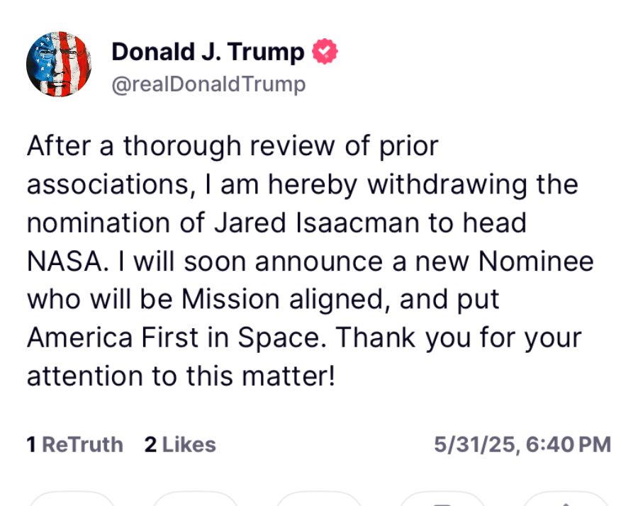 BREAKING: Trump Withdraws Isaacman's NASA Nomination Over Donations!