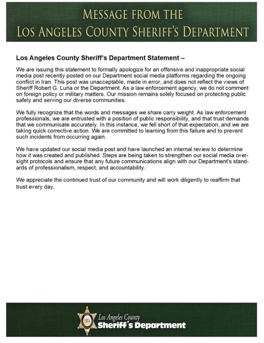 LA Sheriff’s Department Launches Self-Investigation Over X Account Chaos
