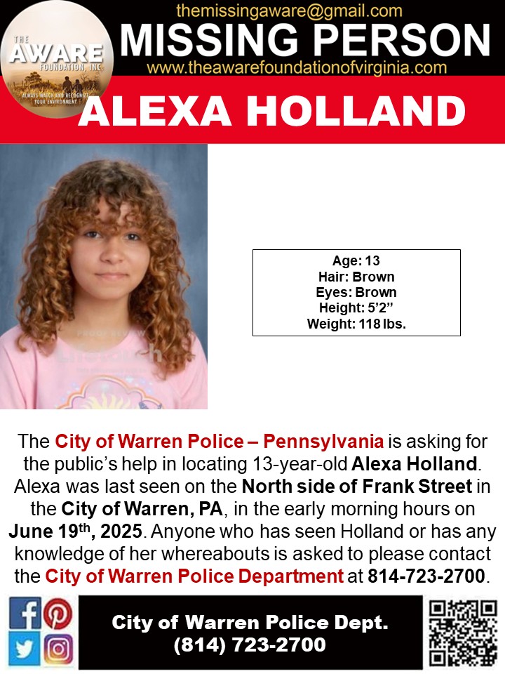 MISSING: 13-Year-Old Alexa Holland Disappears in Warren, PA!