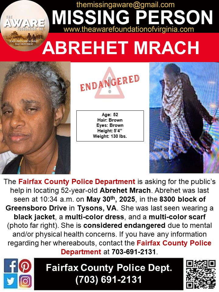 MISSING ENDANGERED ADULT: Abrehet Mrach Vanishes in Tysons, VA!