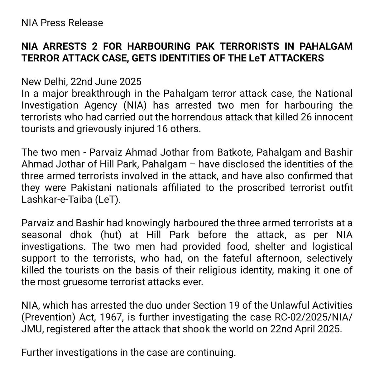 NIA Arrests 2 for Harboring LeT Terrorists in Deadly Pahalgam Attack!