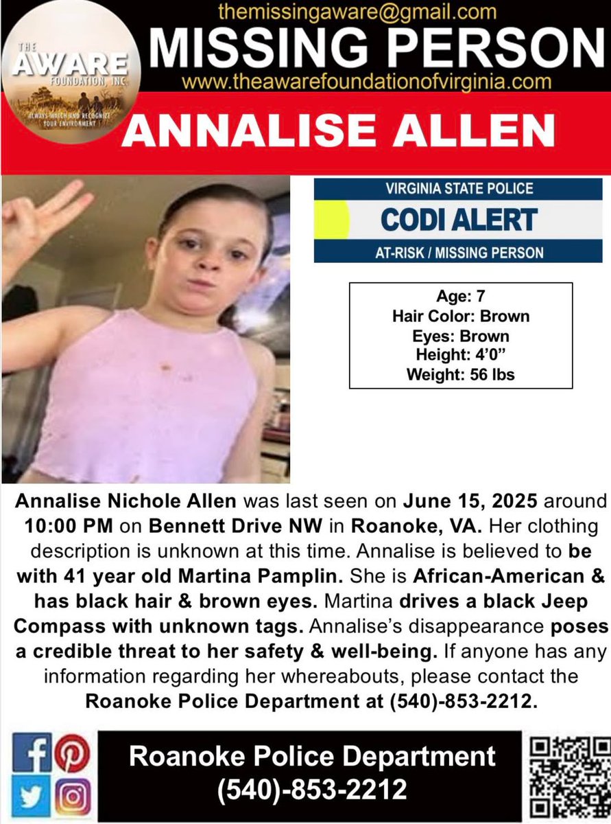 Urgent CODI ALERT: 7-Year-Old Annalise Missing in Roanoke!