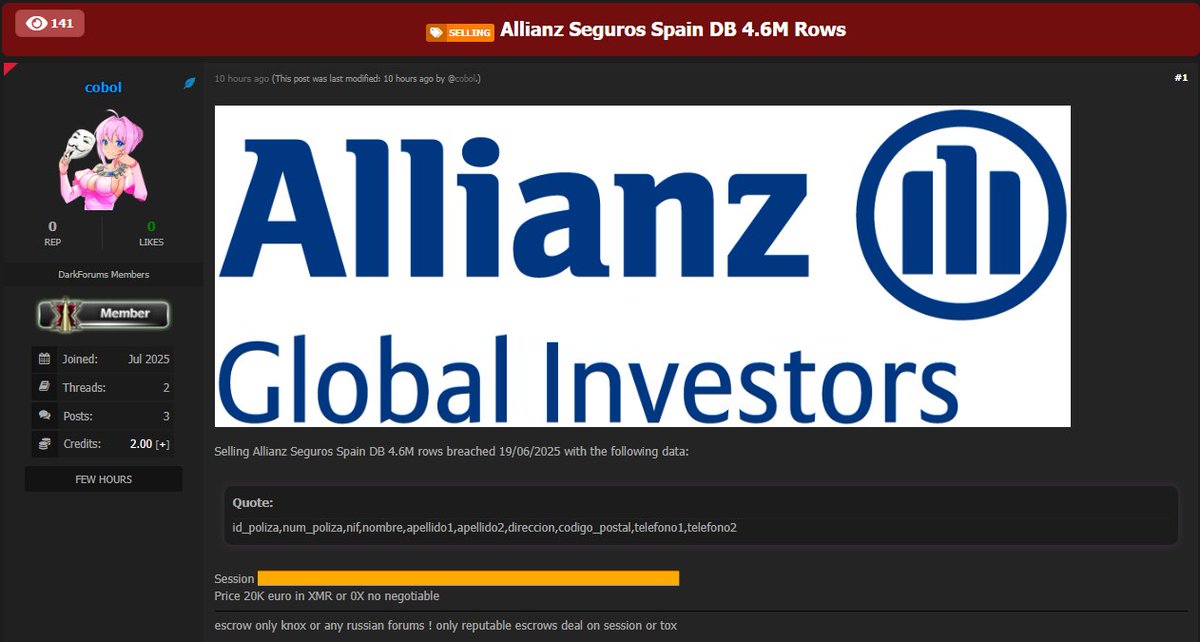 🚨Data Breach: 4.6M Allianz Records Sold by "Cobol" Actor!