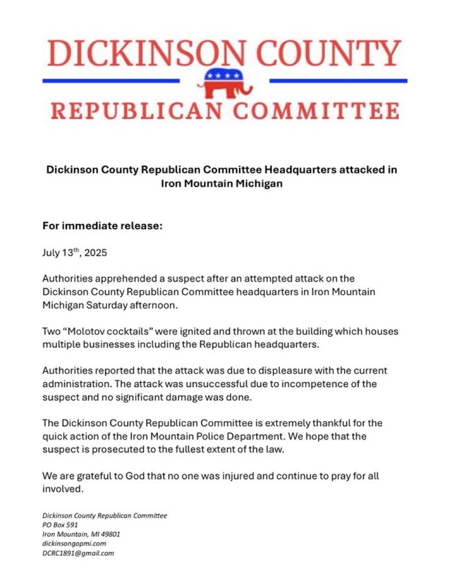 Molotov Mayhem: Political Headquarters Under Fire! —  Molotov cocktail attack Michigan, political violence Iron Mountain, suspect arrested political headquarters 2025