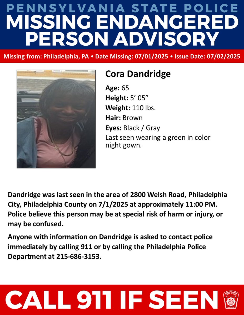 Philadelphia Police Issue Urgent Alert for Missing Cora Dandridge!