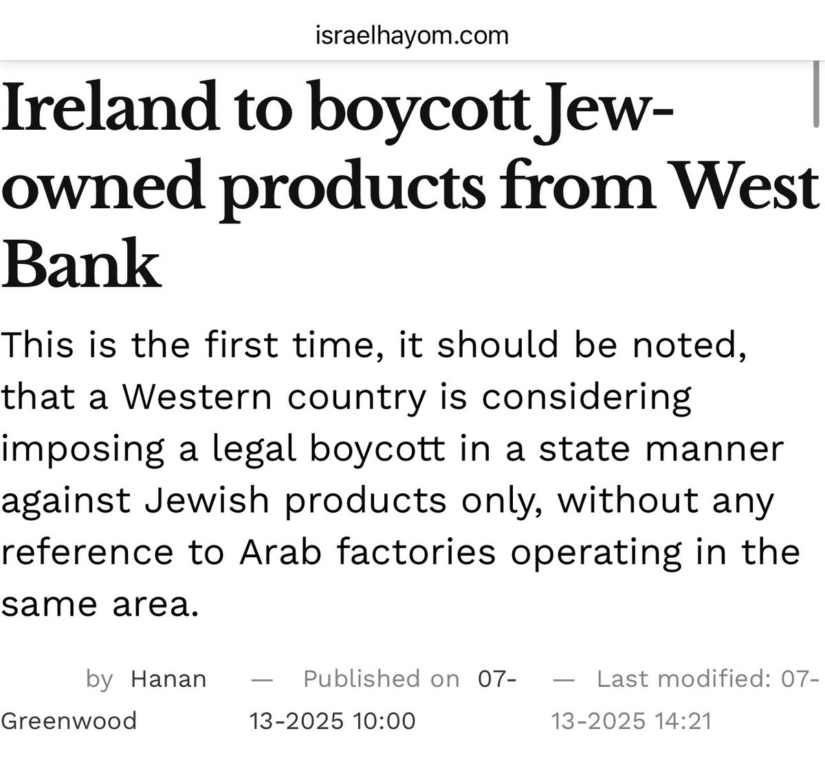 Shocking Law: Ireland to Target Only Jewish Businesses! —  Ireland Jewish business boycott, European anti-Semitism legislation, Judea Samaria trade policies