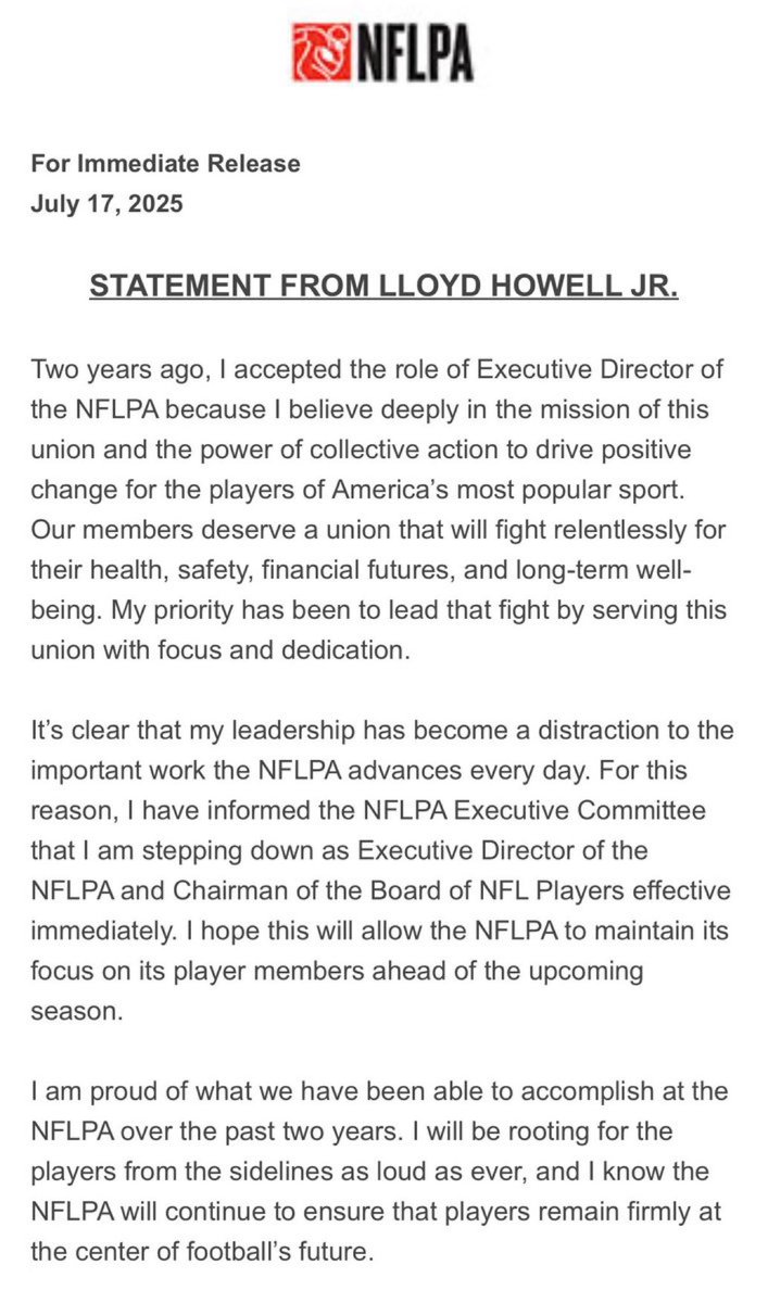 Shocking Resignation: NFLPA's Lloyd Howell Steps Down! —  NFLPA leadership changes, sports executive resignations, Lloyd Howell NFLPA news