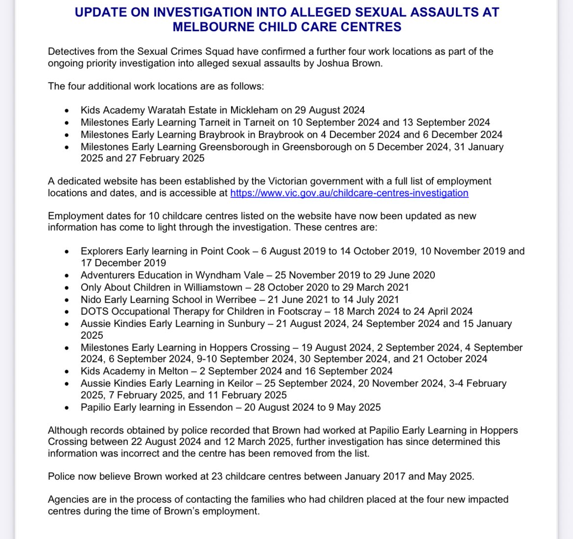 Shocking Updates: Police Expand Childcare Assault Probe! —  Victoria Police news 2025, childcare centre safety investigation, Joshua Brown work location changes