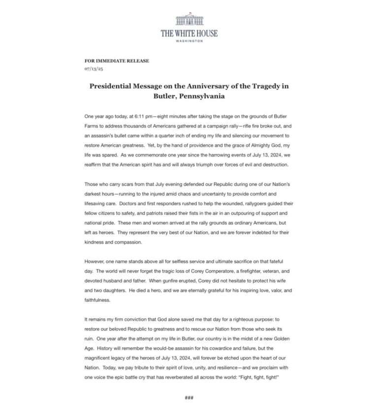 Trump's Shocking Tribute: A Year After Butler Shooting —  Trump statement on gun violence, Pennsylvania shooting memorial, Corey Comperatore tribute