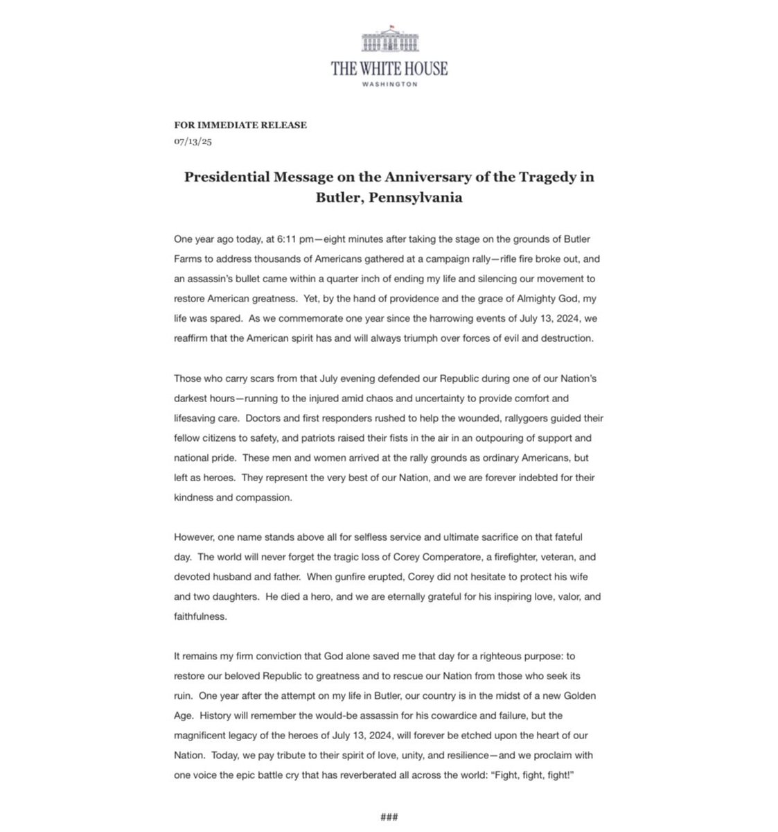 Trump's Shocking Tribute: A Year After Butler Shooting —  Trump statement on gun violence, Pennsylvania shooting memorial, Corey Comperatore tribute