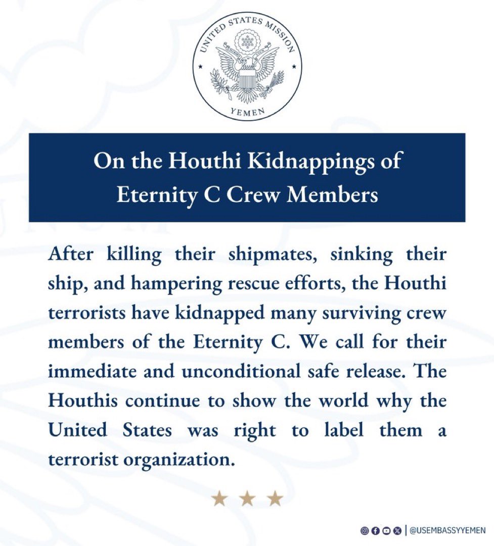 US Embassy: Houthi Terrorists Kidnap Crew from Sunk Vessel!