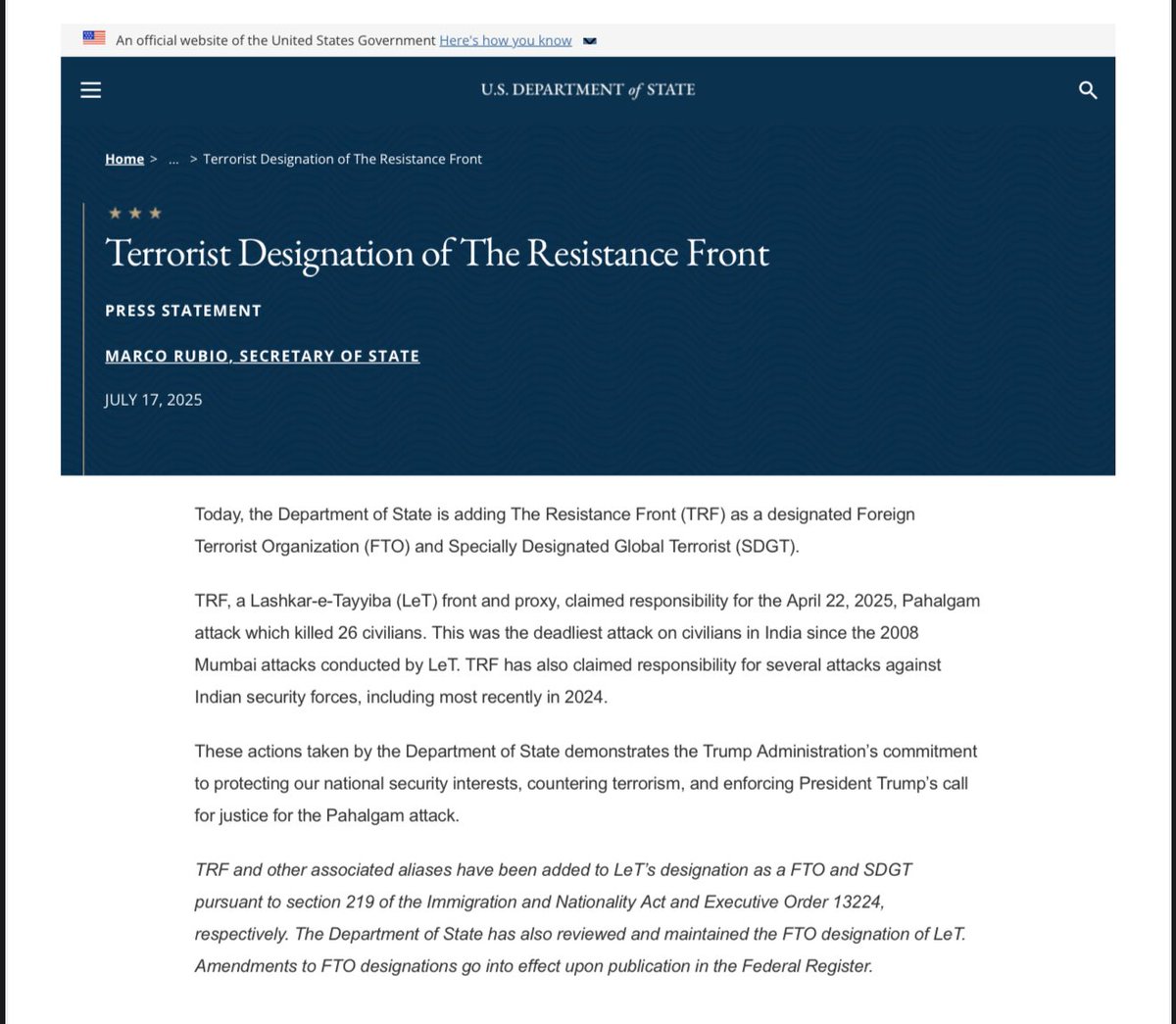 US Labels TRF Terror Group: India’s Diplomatic Victory? —  US Terror Designation 2025, Pakistan Terrorism Support 2025, India US Diplomatic Relations