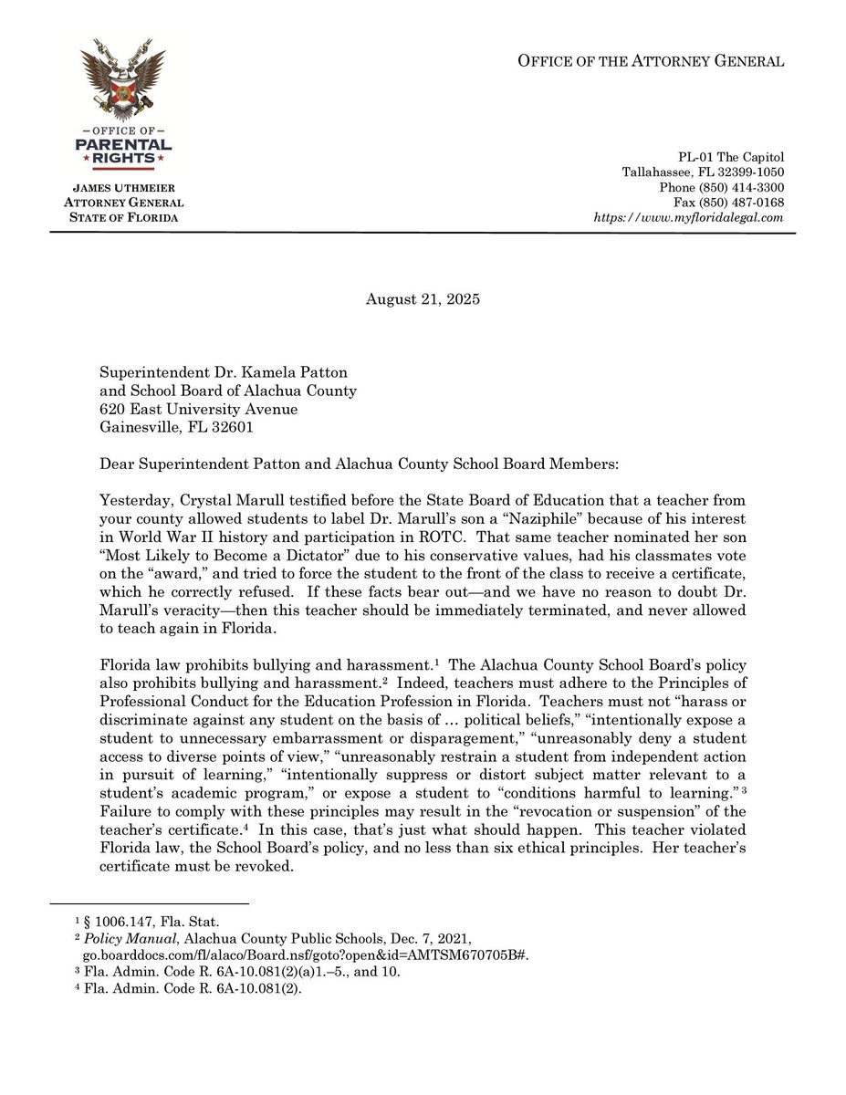 Florida AG Demands Teacher's Job Over Controversial Nomination! —  Florida teacher controversy, conservative student nomination, Attorney General education policy