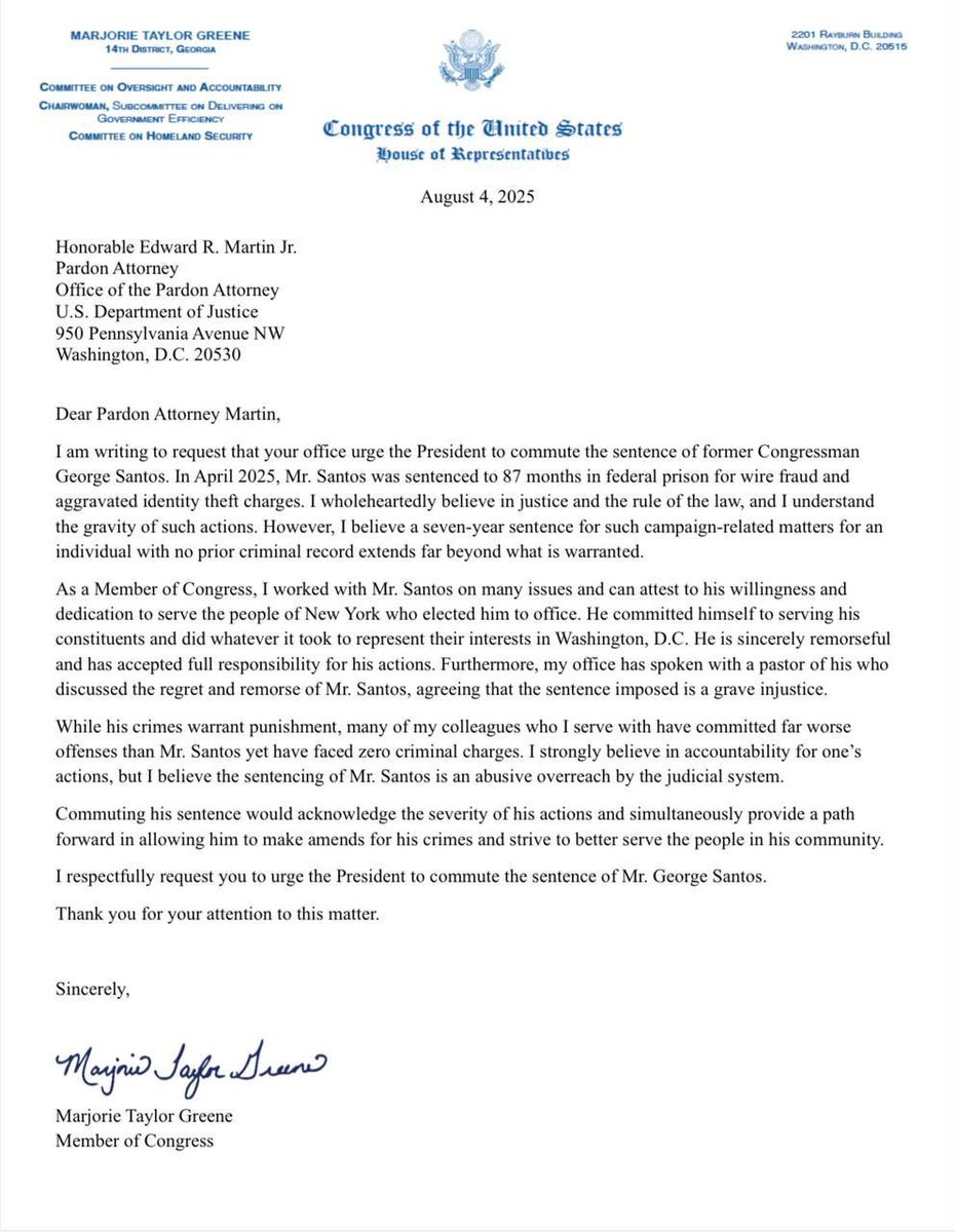 Greene's Shocking Plea: Santos Deserves Freedom? —  h3 Attention-Grabbing Keywords  
Marjorie Taylor Greene Trump commutation request, George Santos prison sentence appeal, federal wire fraud controversy 2025
