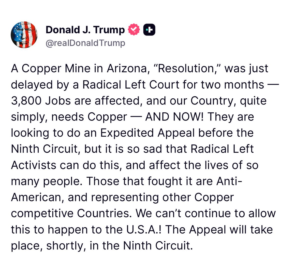 LEFT-WING COURT BLOCKS 3,800 JOBS: TRUMP FUMES! —  left-wing court ruling Arizona, copper mine job loss, Trump response mining industry