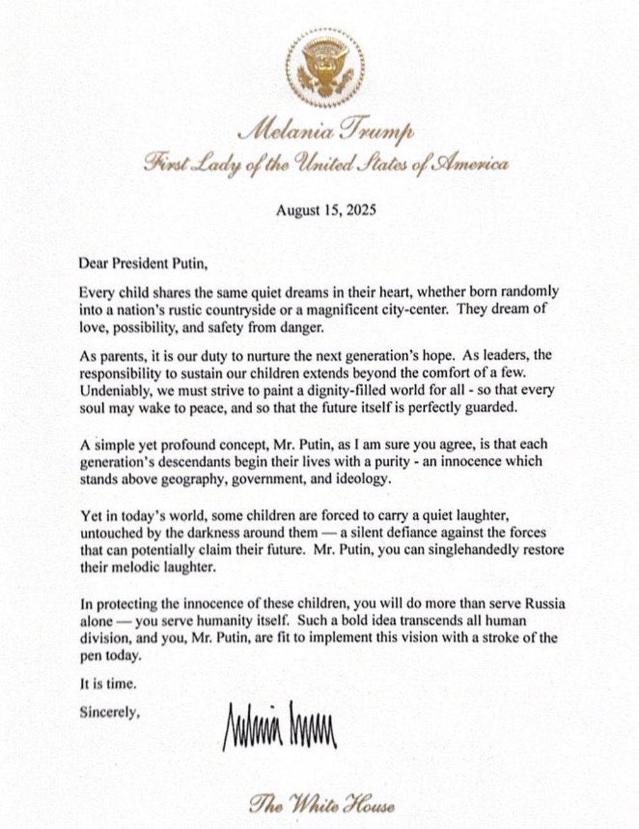 Melania Trump's Bold Letter to Putin: A Call to Humanity —  Melania Trump letter to Putin, powerful letter to Vladimir Putin, protect children's innocence 2025