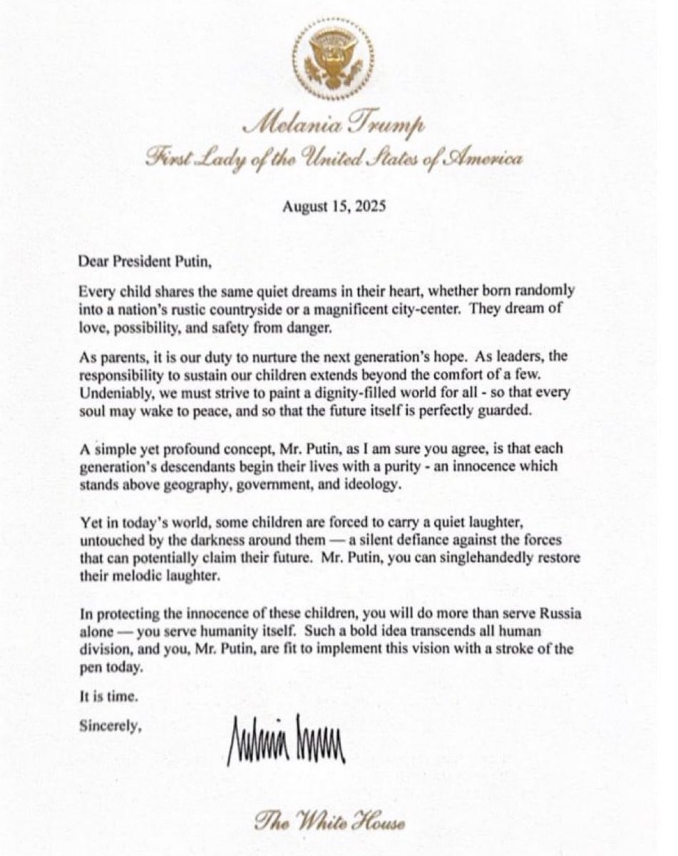 Melania Trump's Stunning Plea to Putin: End the War! —  Melania Trump letter to Putin, end war for children, restore childhood innocence